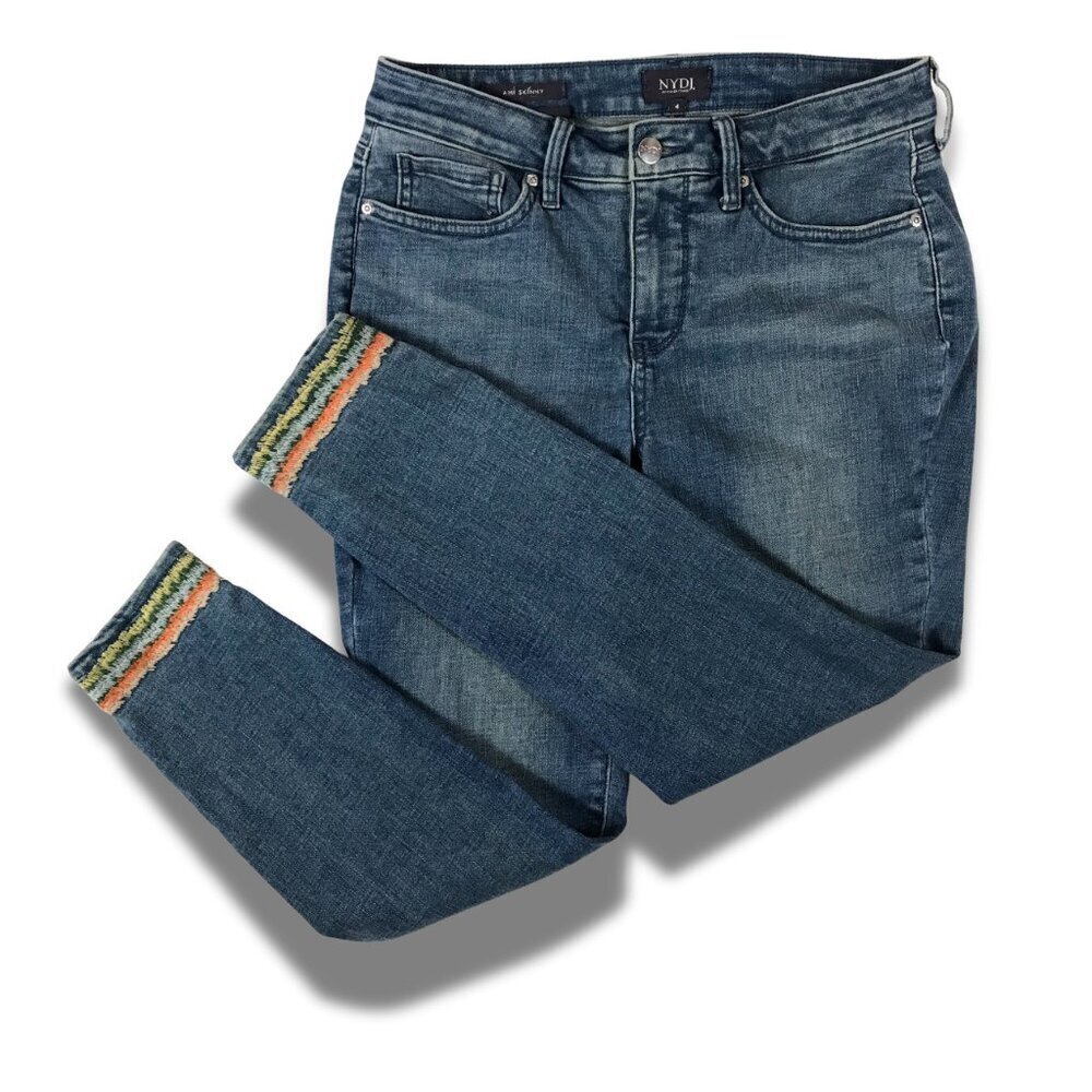 NYDJ Cropped Ankle Jeans with Multicolor Trim - Blue Denim